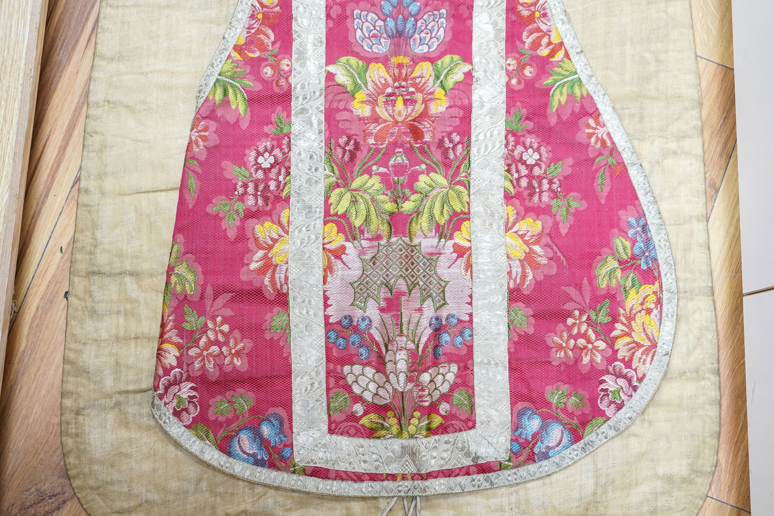 A woven silk ecclesiastical cope vestment and a pink silk shawl (2)